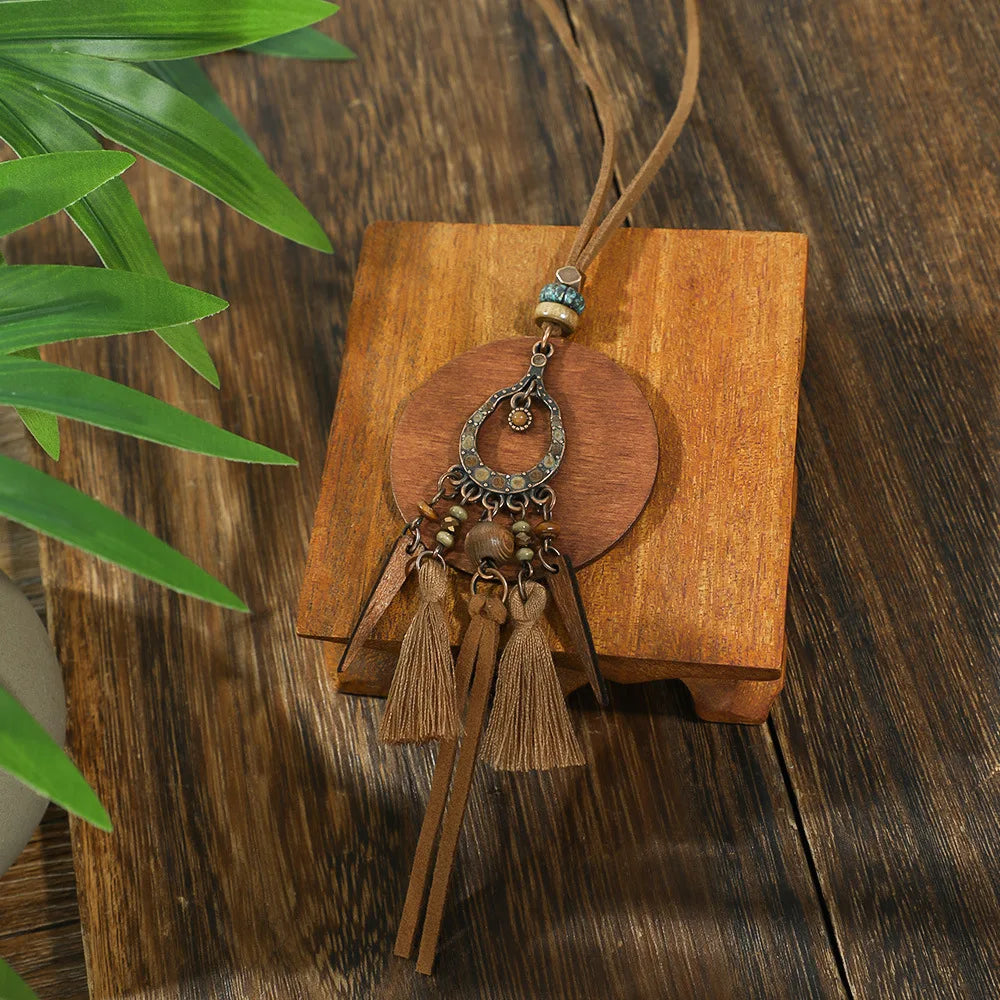 Wood Flower Bead Leaf Tassel Long Necklace Jewelry
