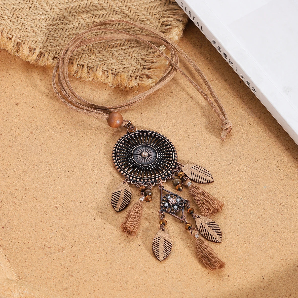 Wood Flower Bead Leaf Tassel Long Necklace Jewelry
