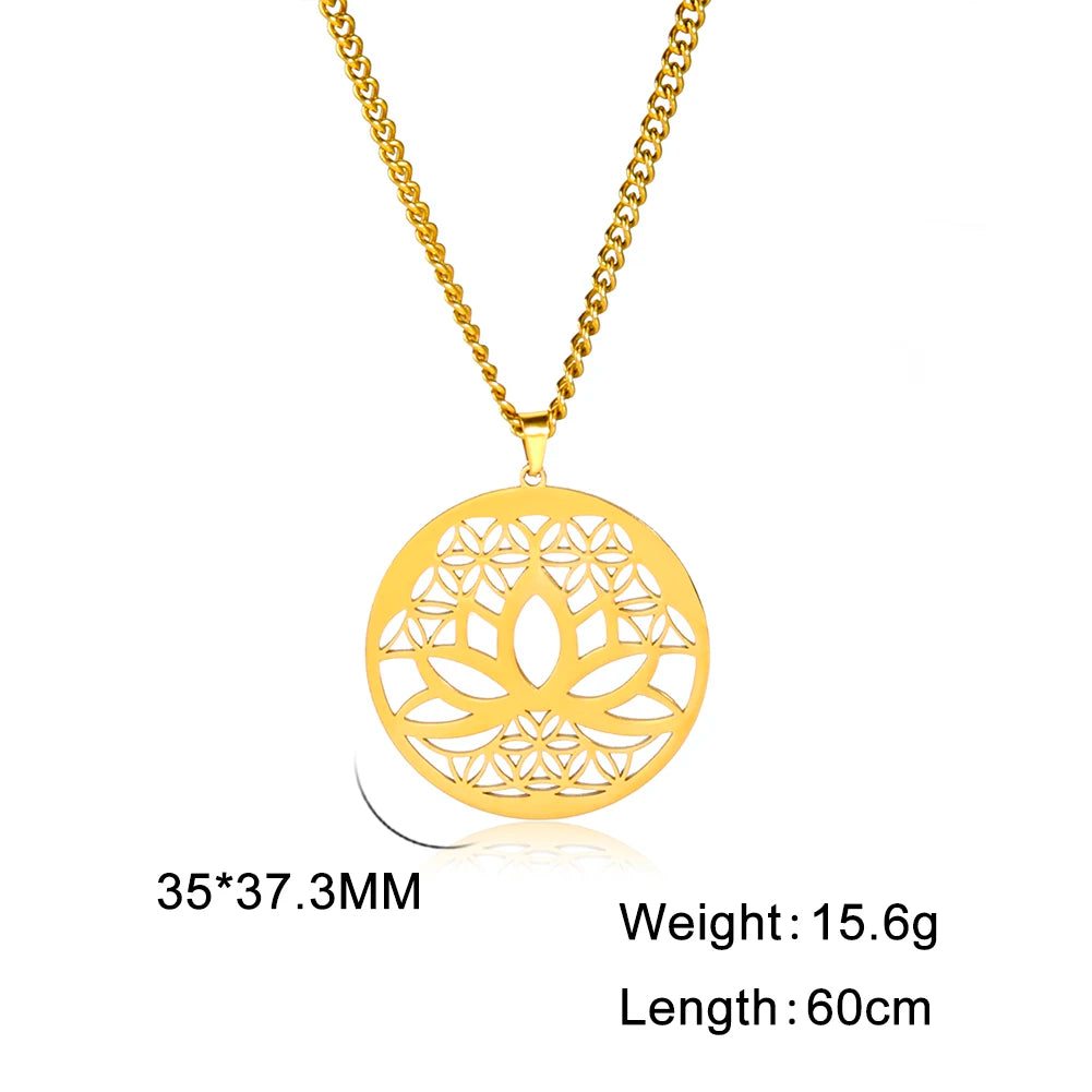 Lotus Flower of Life Pendant Necklace, Stainless Steel Buddhist Yoga Meditation Amulet