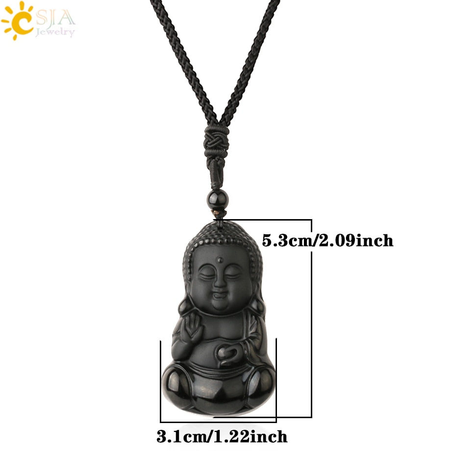 CSJA Obsidian Necklace Natural Stone Wolf Buddha Sculpture Tree of Life Animal Owl Men Necklaces Pendant Meditation Jewelry G644