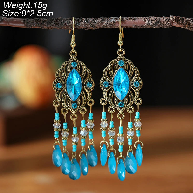 Blue Enamel Feather Crystal Long Earrings Jewelry