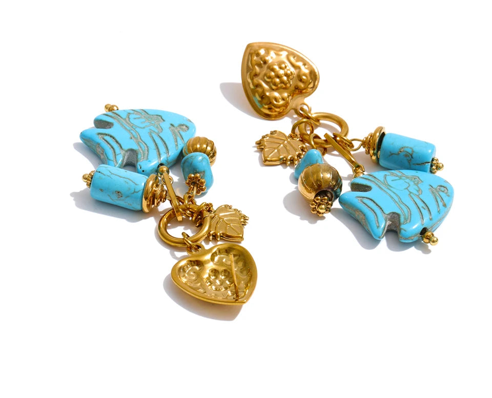 Blue Stone Fish Drop Earrings, 18K Gold Ocean Summer Stainless Steel Jewelry