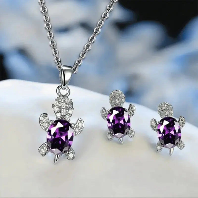 Sea Turtle Necklace & Earrings Set of 3, Silver-Plated Multi-Color Glass Ocean Jewelry