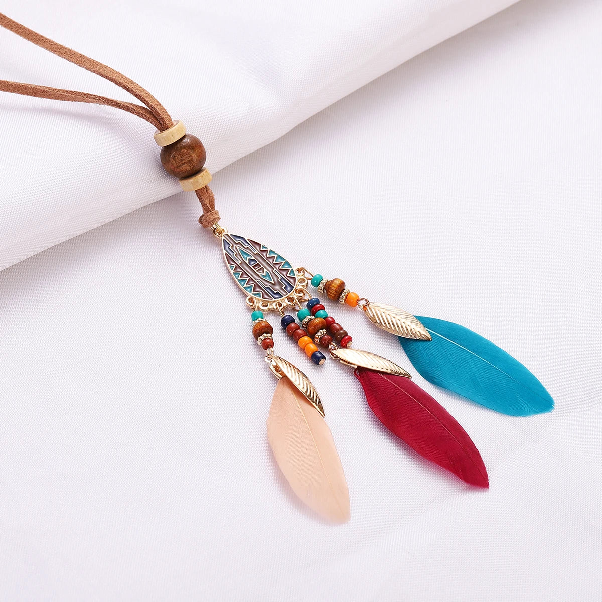 Rope Bead Feather Pendant Long Necklace Jewelry