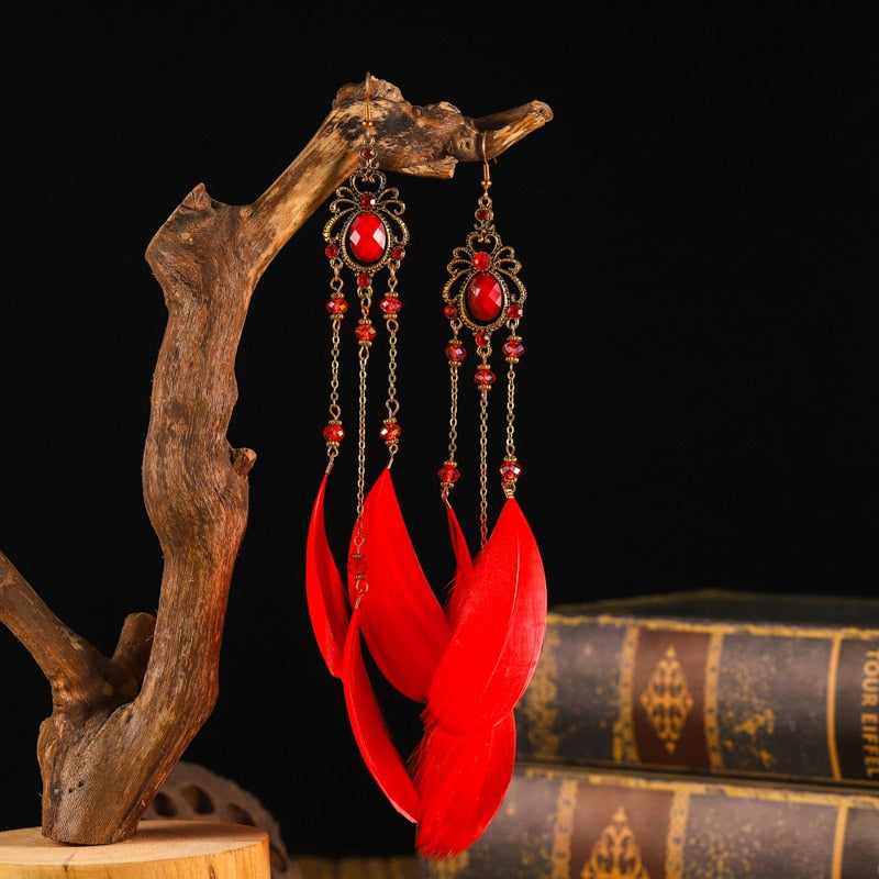 Vintage Bohemian Ethnic Style Earrings Long Rice Bead Tassel Earrings FOR WOMEN Alloy Dripping Oil Long Tassel Earrings - Charlie Dolly