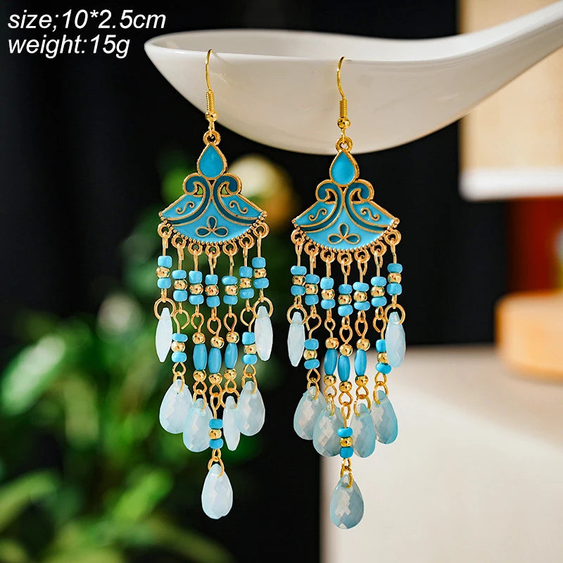 Blue Enamel Feather Crystal Long Earrings Jewelry