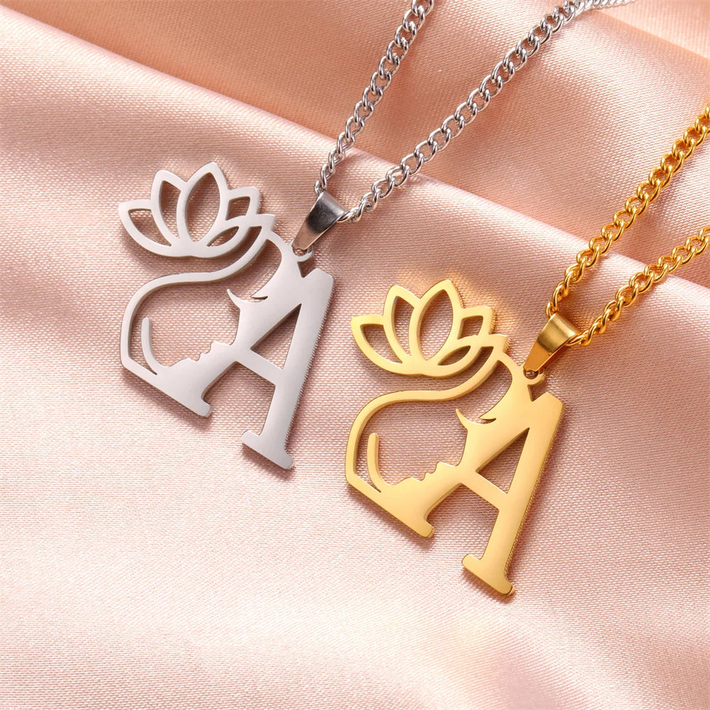 Lotus Flower Initial Letter Pendant, Personalized Stainless Steel Necklace