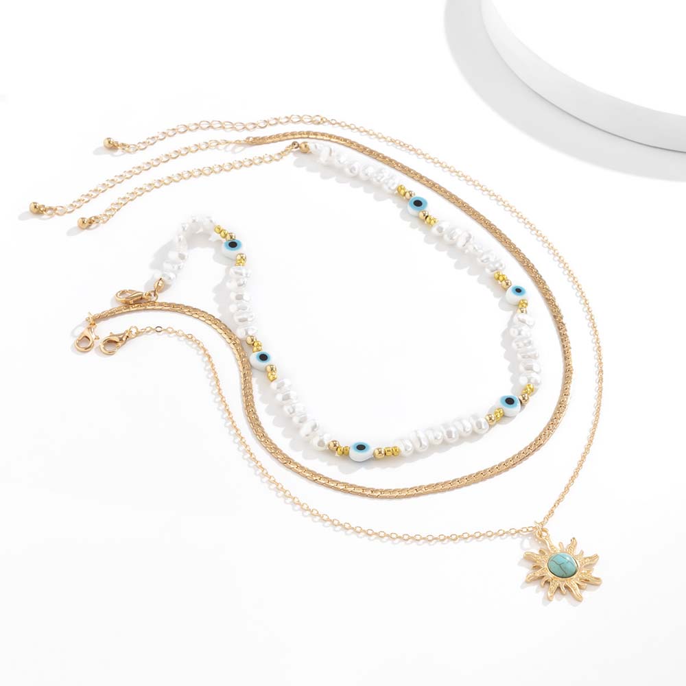 YUZZ Blue Turkish Evil Eyes Exquisite Sun Flower Pendant Necklace 2022 Summer Multilevel Female Boho Vintage Jewelry Party Gift