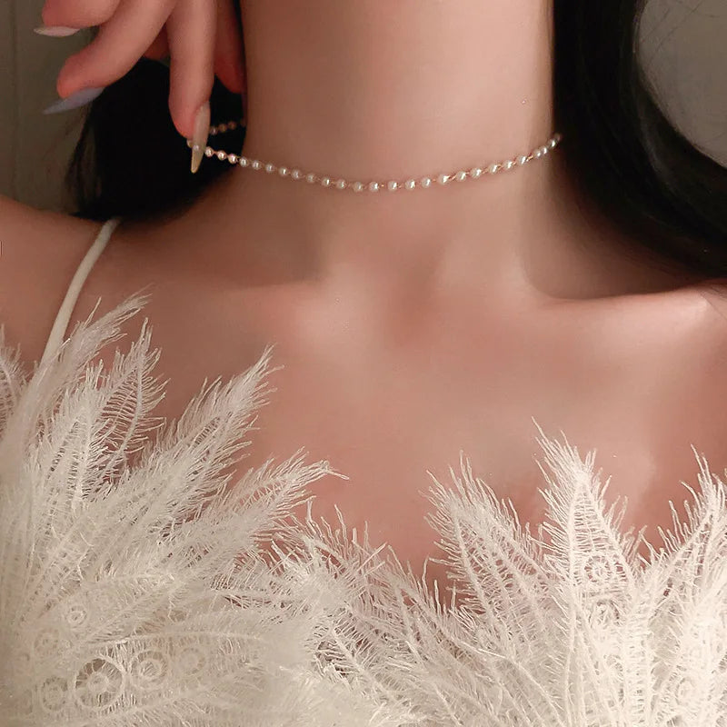 Kpop Pearl and Chain Bead Choker Necklace