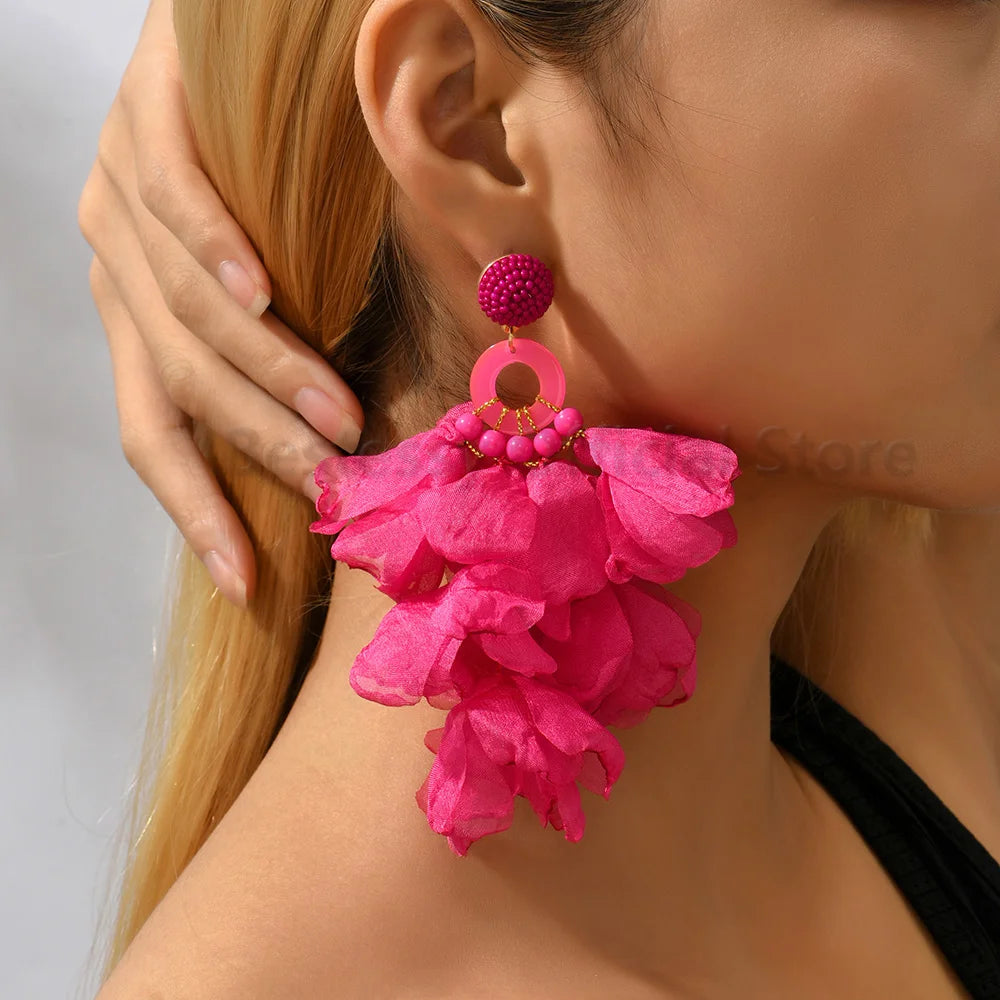Acrylic Bead Yarn Petal Long Dangle Earrings Jewelry