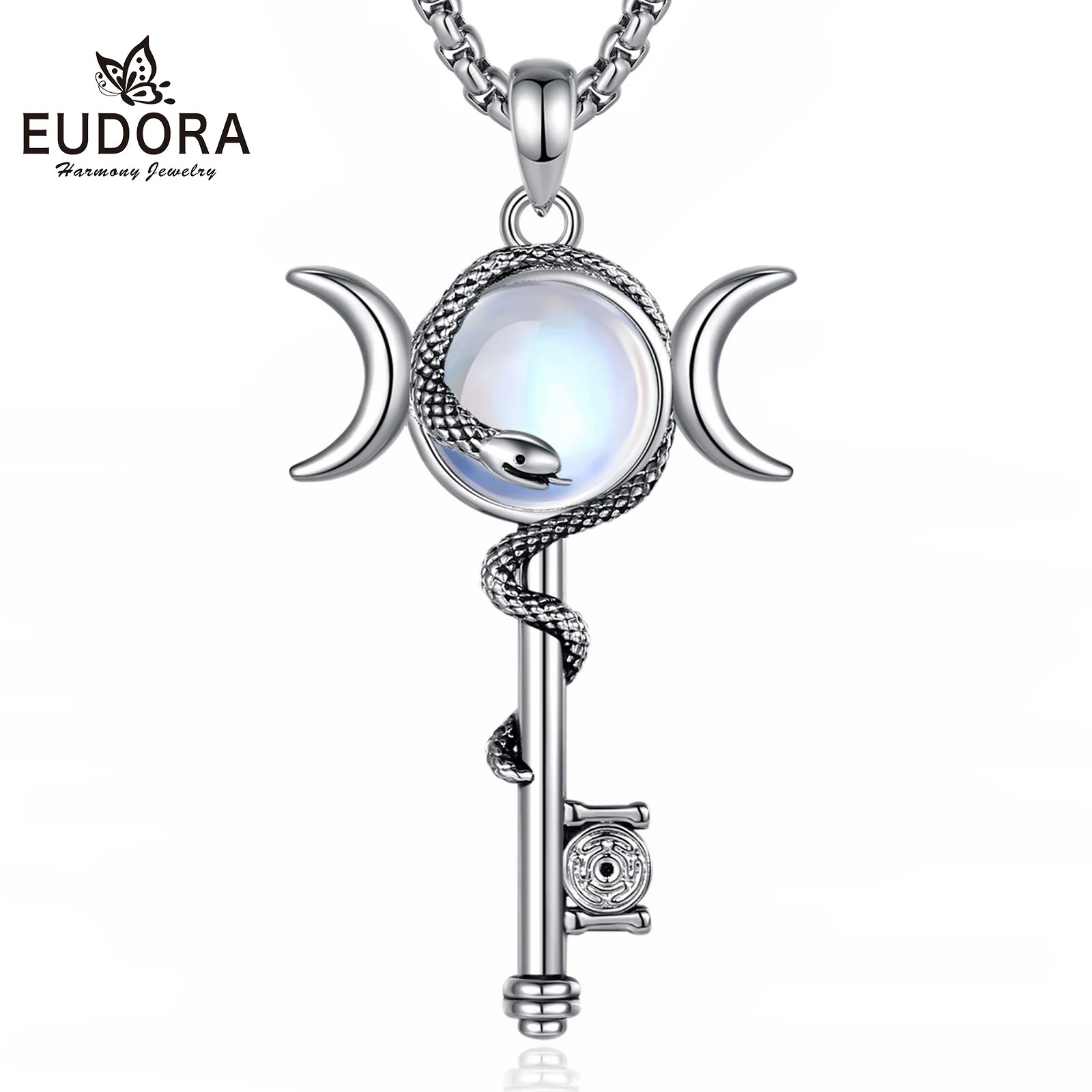 Hecate Key & Triple Moon Goddess Pendant with Moonstone, Sacred Witch Amulet
