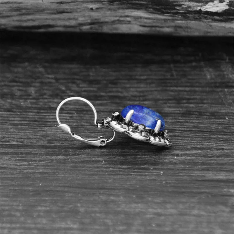 Vintage Plumflower Natural Lapis Lazuli Rhinestone Earrings For Women Tibetan Silver Plated Natural Stone Tiger Eye Earring - Charlie Dolly