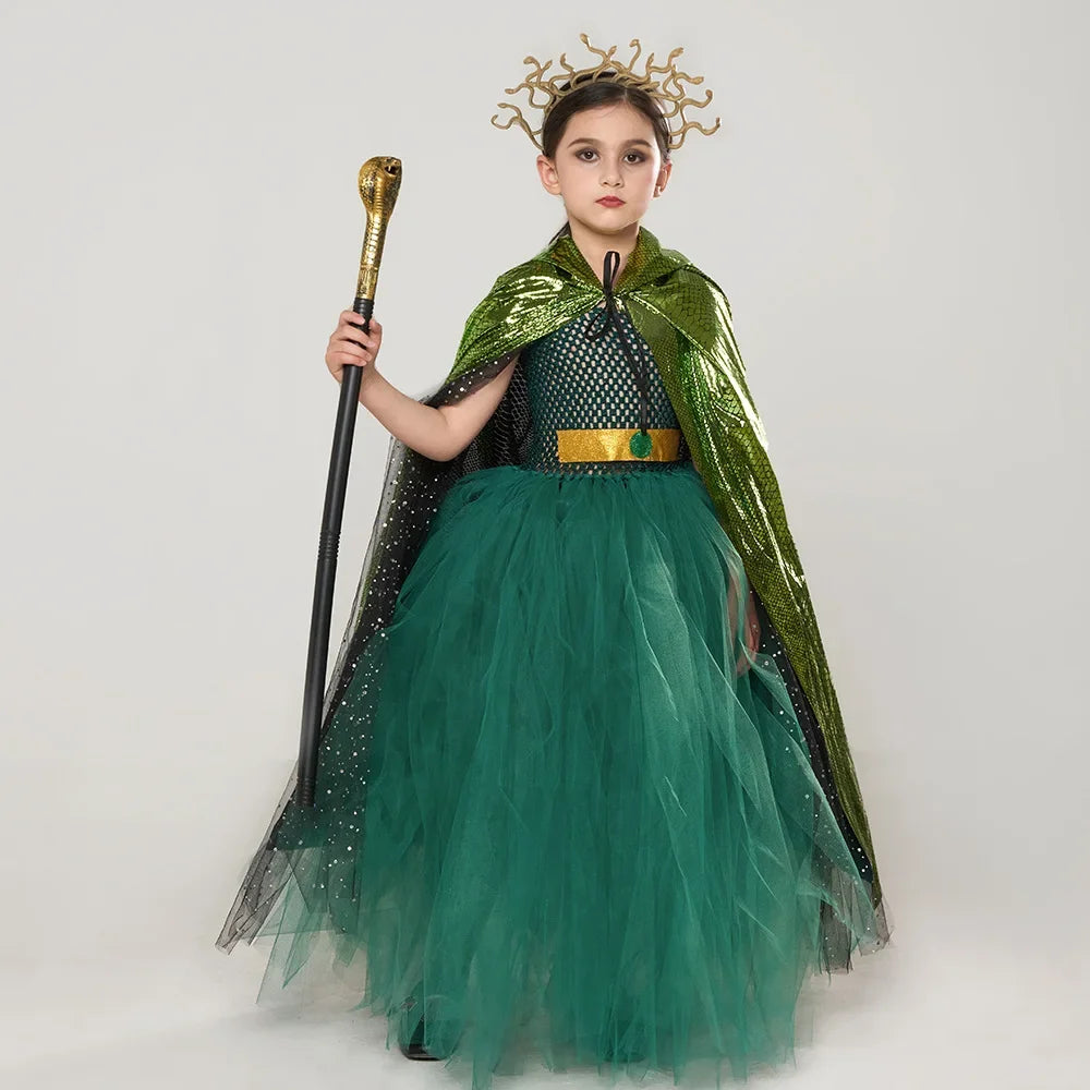 Green Medusa Girls Costume With Headpiece For Kids Cosplay Halloween M Green Medusa Girls Costume With Headpiece For Kids Cosplay Halloween M