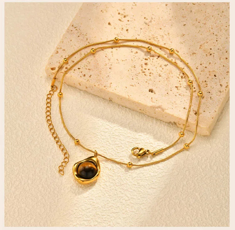Natural Tiger Eye Necklace for Women, Boho Beaded Pendant Layered Collarbone Chain with Irregular Stone Jewelry - Charlie Dolly