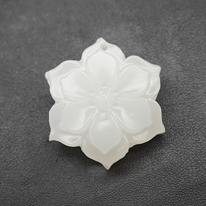 Natural White Jade Rich Flower Pendant Necklace, Hand-Carved Luxury Talisman