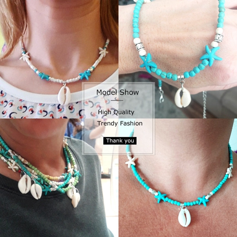 Bohemian Natural Stone Shell Pendant Short Necklace for Women Starfish Beads Chokers Female Collar Summer Jewelry