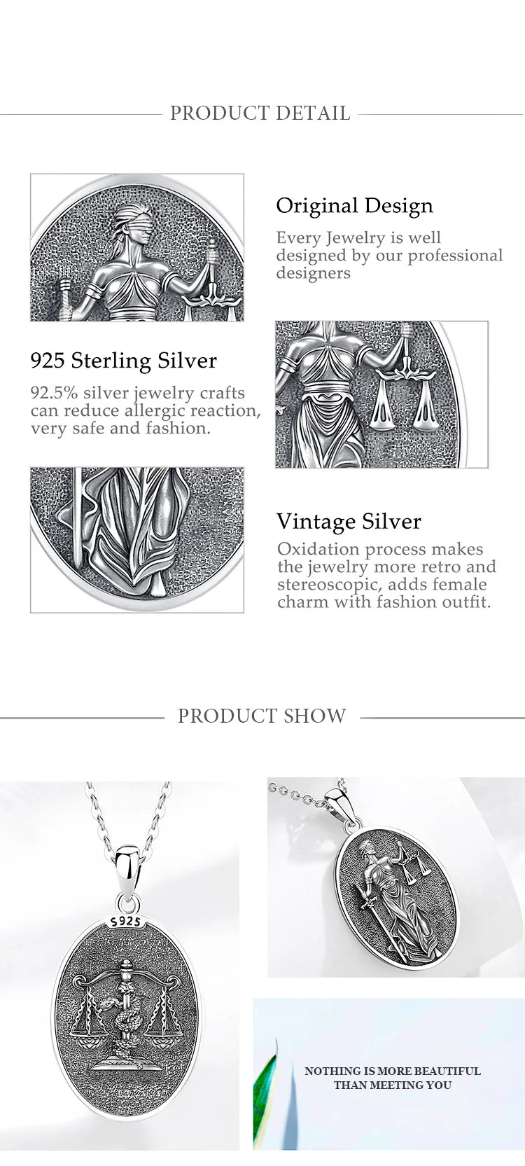 S925 Sterling Silver Themis Goddess of Justice Pendant Necklace, Sword & Scales Wicca Talisman