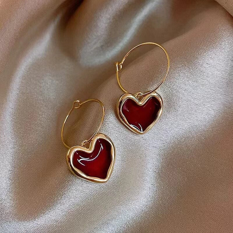 Burgundy Heart Pendant Cute Sweet Earrings For Women Simple Style Wholesale