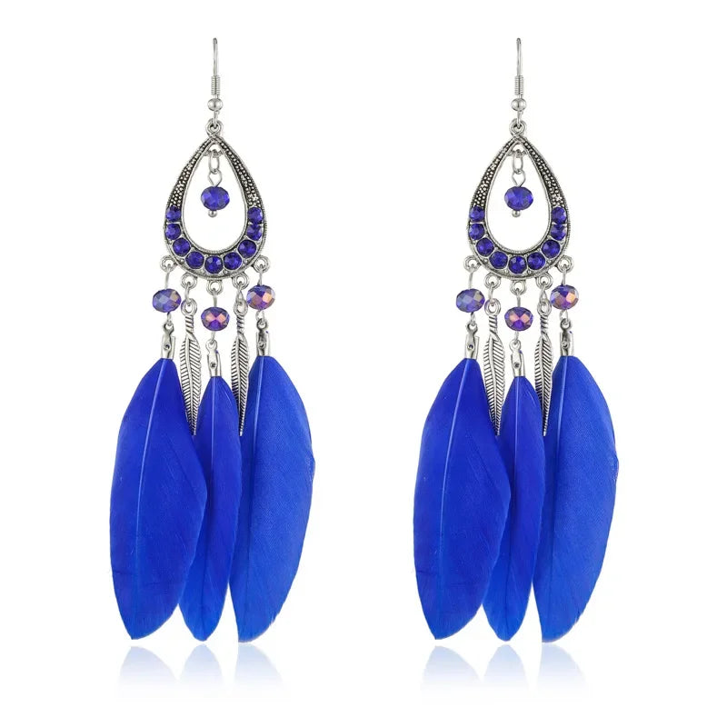 Feather Crystal Tassel Boho Dangle Earrings Jewelry