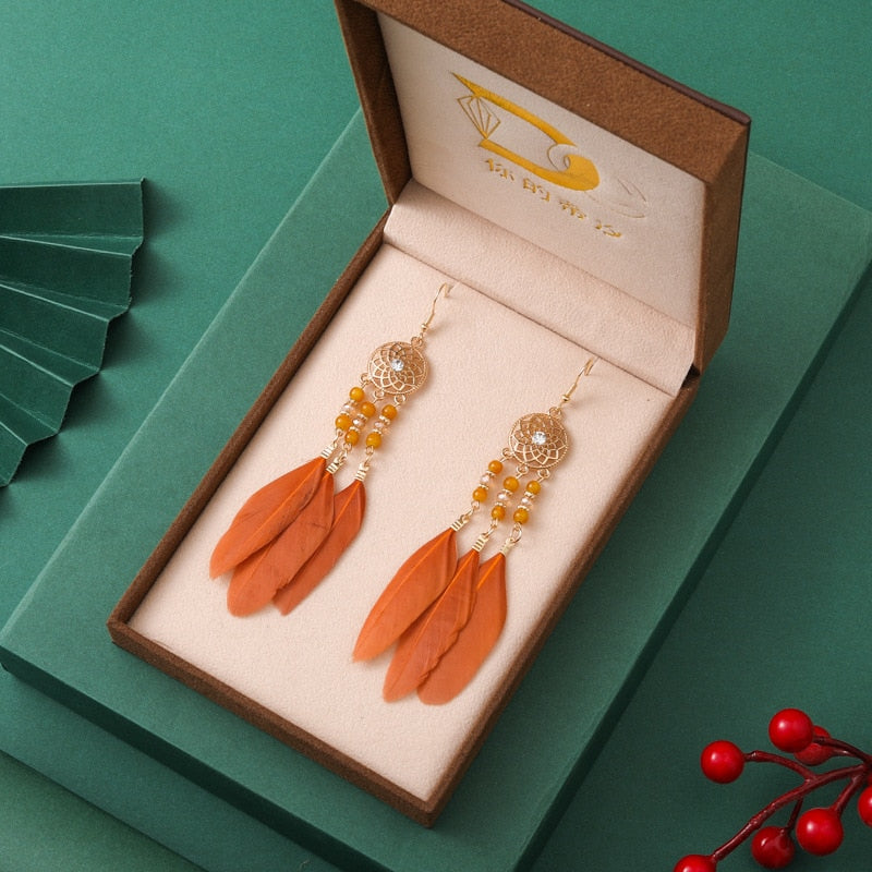 Vintage Long Water Drop Feather Earrings for Women Elegant Insert Rhinestone Crystal Bead Leaf Tassel Earring Female Jewelry