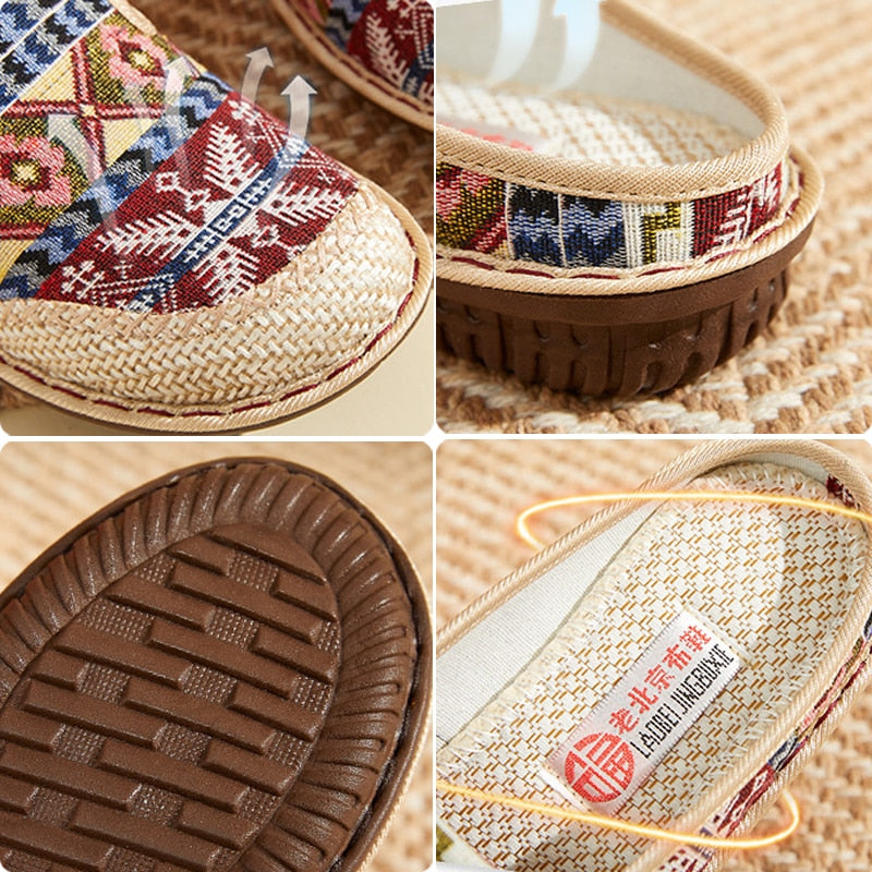 Women Slipper Ethnic Embroidery Summer Flat Shoe Linen Wedge Cloth Shoes Soft Sole Walking Elderly Sandal Ladies Slip-on Muller