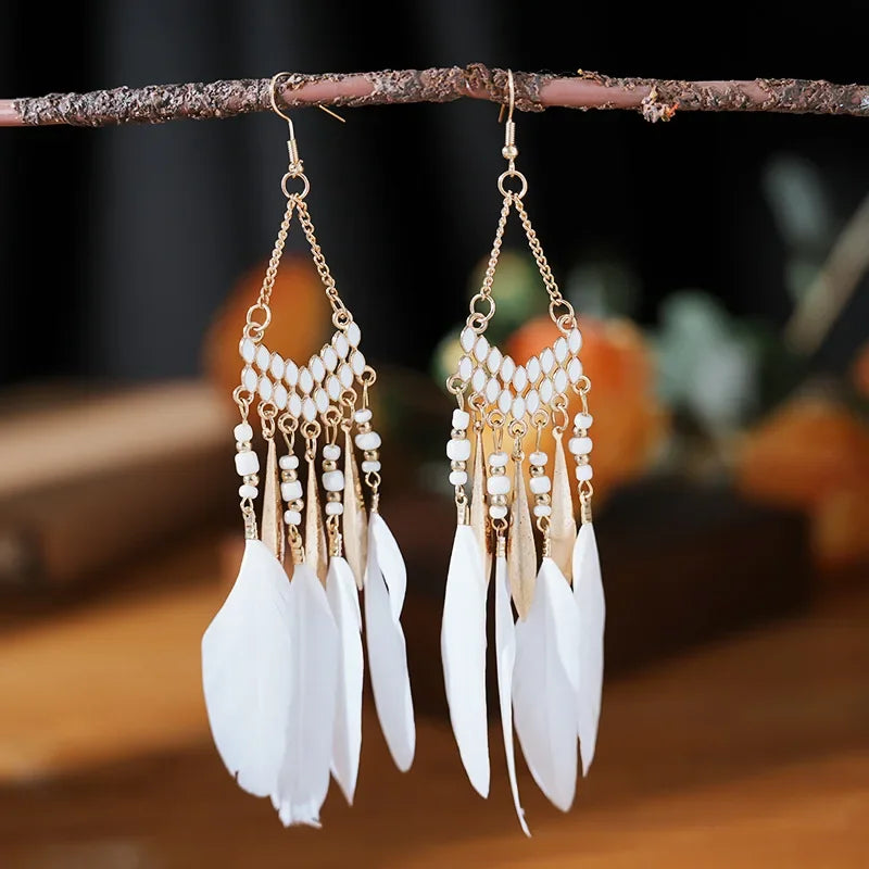 Feather Colorful Bead Long Tassel Earrings Jewelry