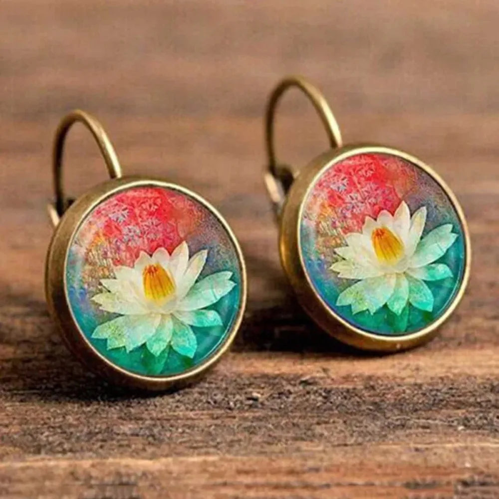 Vintage Flower Pattern Round Drop Earrings, Bohemian Boho Jewelry