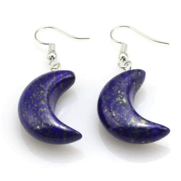 Crescent Moon Crystal Stone Earrings Natural Amethyst Rose Quartz Lapis Lazuli Black Agate Tiger Eye Stone Dangle Hook Earring - Charlie Dolly