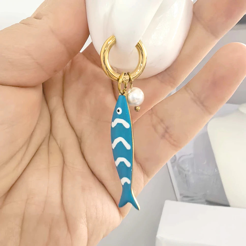 Fish Pearl Gold Hoop Drop Earrings Jewelry