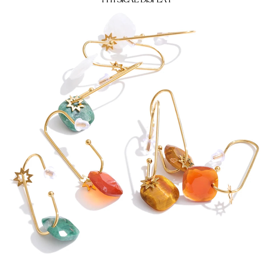 Natural Stone Square Drop Earrings, Tiger Eye Agate 14K Gold Waterproof Stainless Steel Jewelry