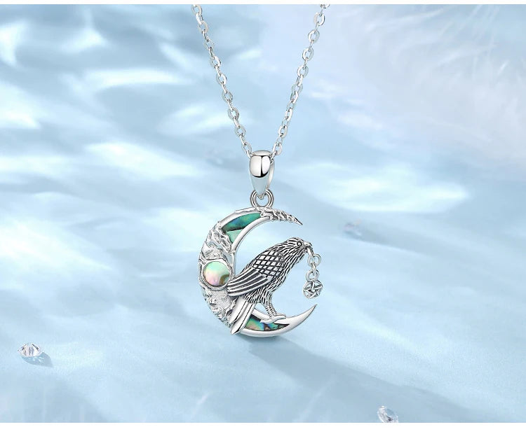 Sterling Silver 925 Viking Raven & Pentagram Moon Necklace, Abalone Shell Amulet
