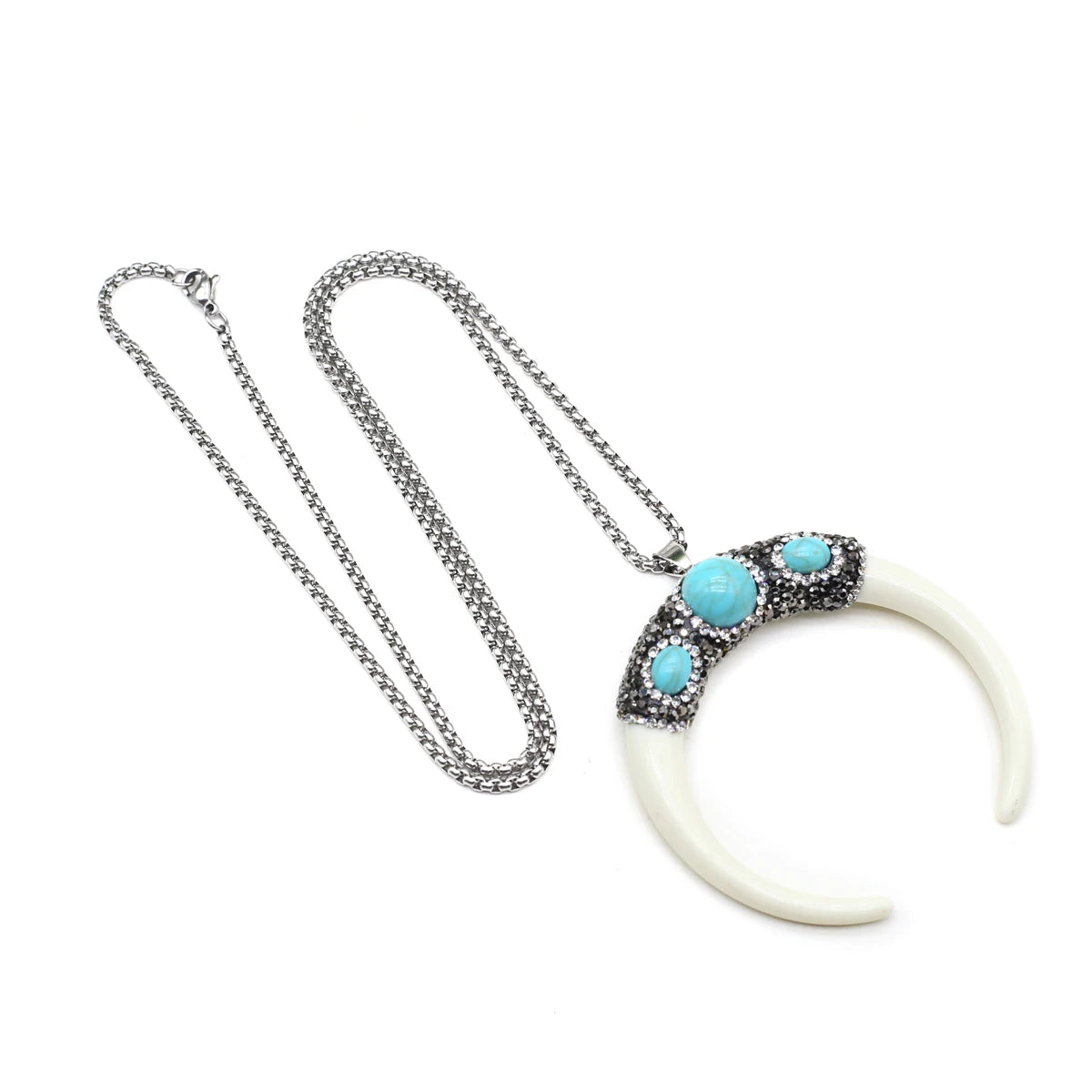 Natural Stone Horn Necklace Reiki Heal Turquoise Rhinestone Crescent Moon Pendant Stainless Steel Chain Boho Necklaces Jewelry - Charlie Dolly