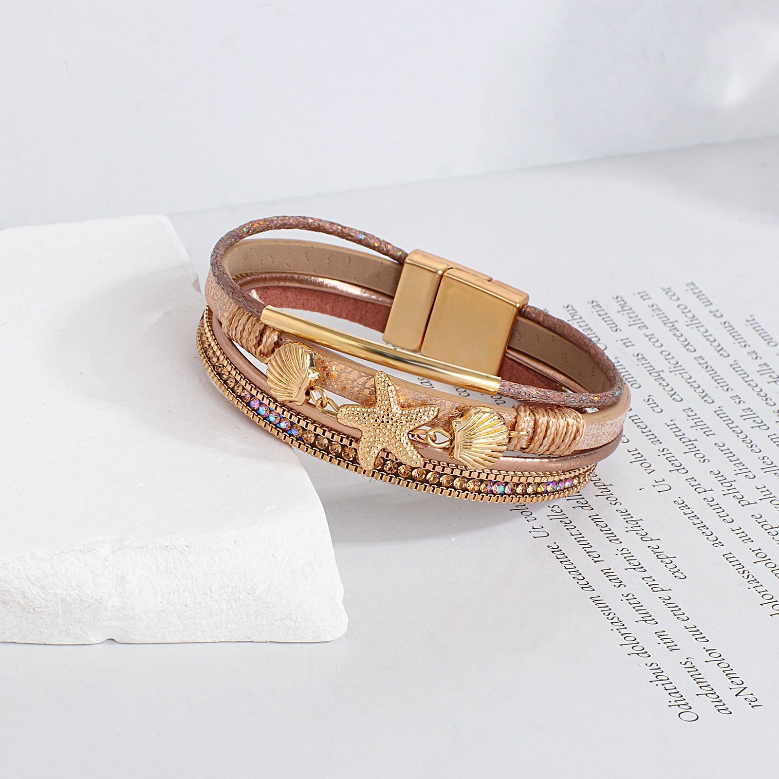 Starfish Shell and Crystal Bead Leather Boho Bracelet