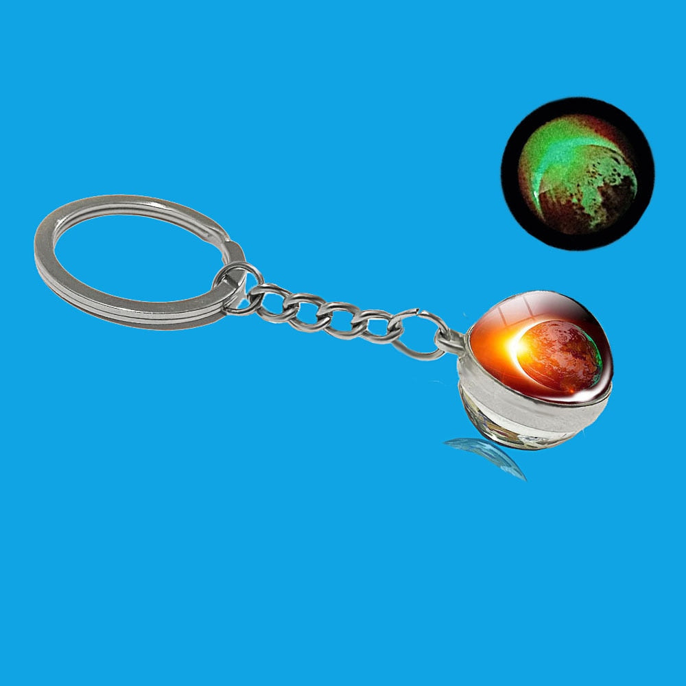 Glow In The Dark Solar System Galaxy Planet Keychain Jupter Moon Earth Mars Sun Nebula Double Side Glass Ball Key Chain Pendant