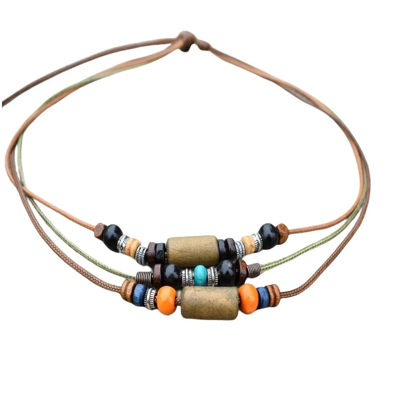 Wood Bead Wax Rope Multilayer Necklace Jewelry