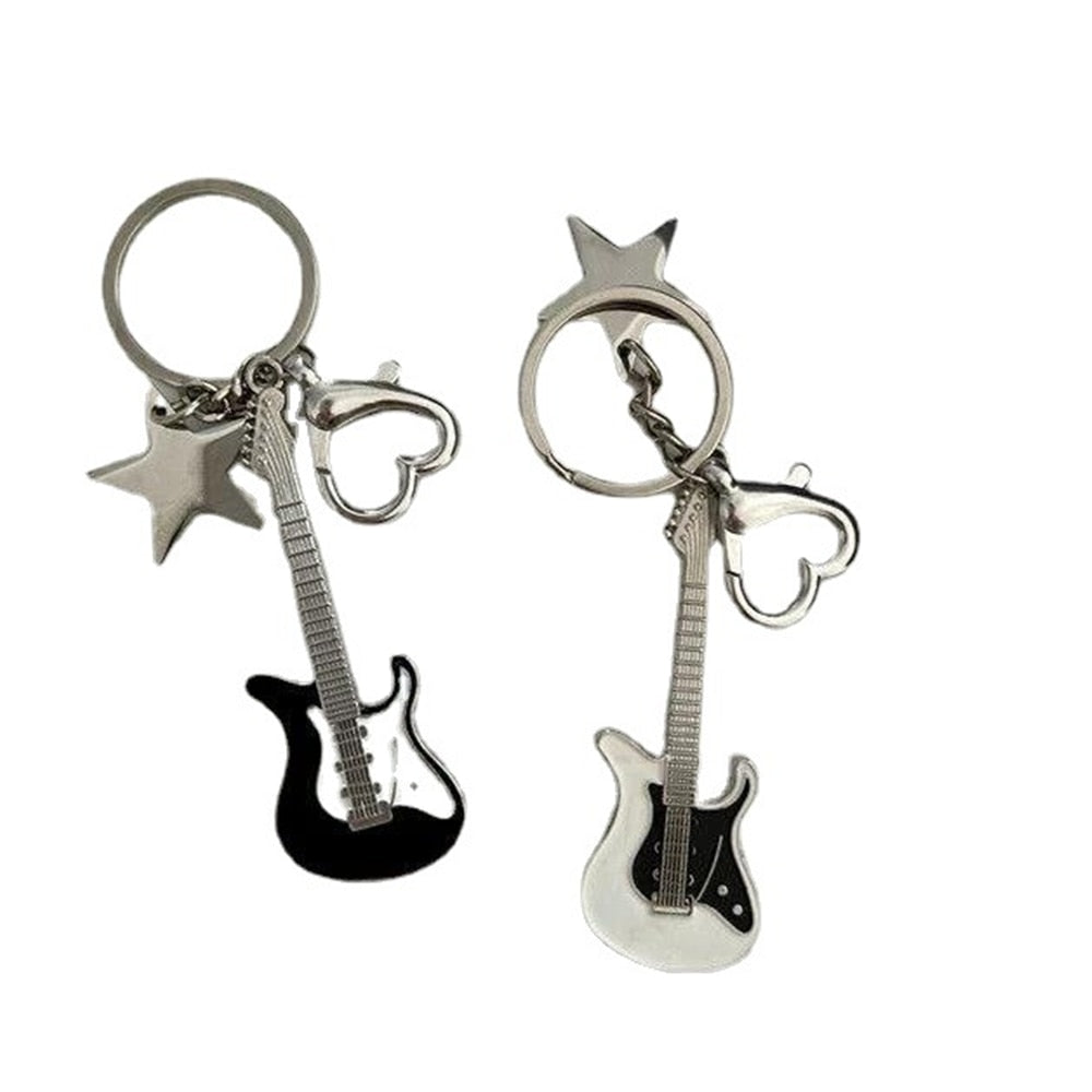 4 Colors Mini Cute Guitar Love Heart Star Keychain for Women Men Cool Car Key Chain Bag Pendant Vintage Aesthetic Y2k Accessory