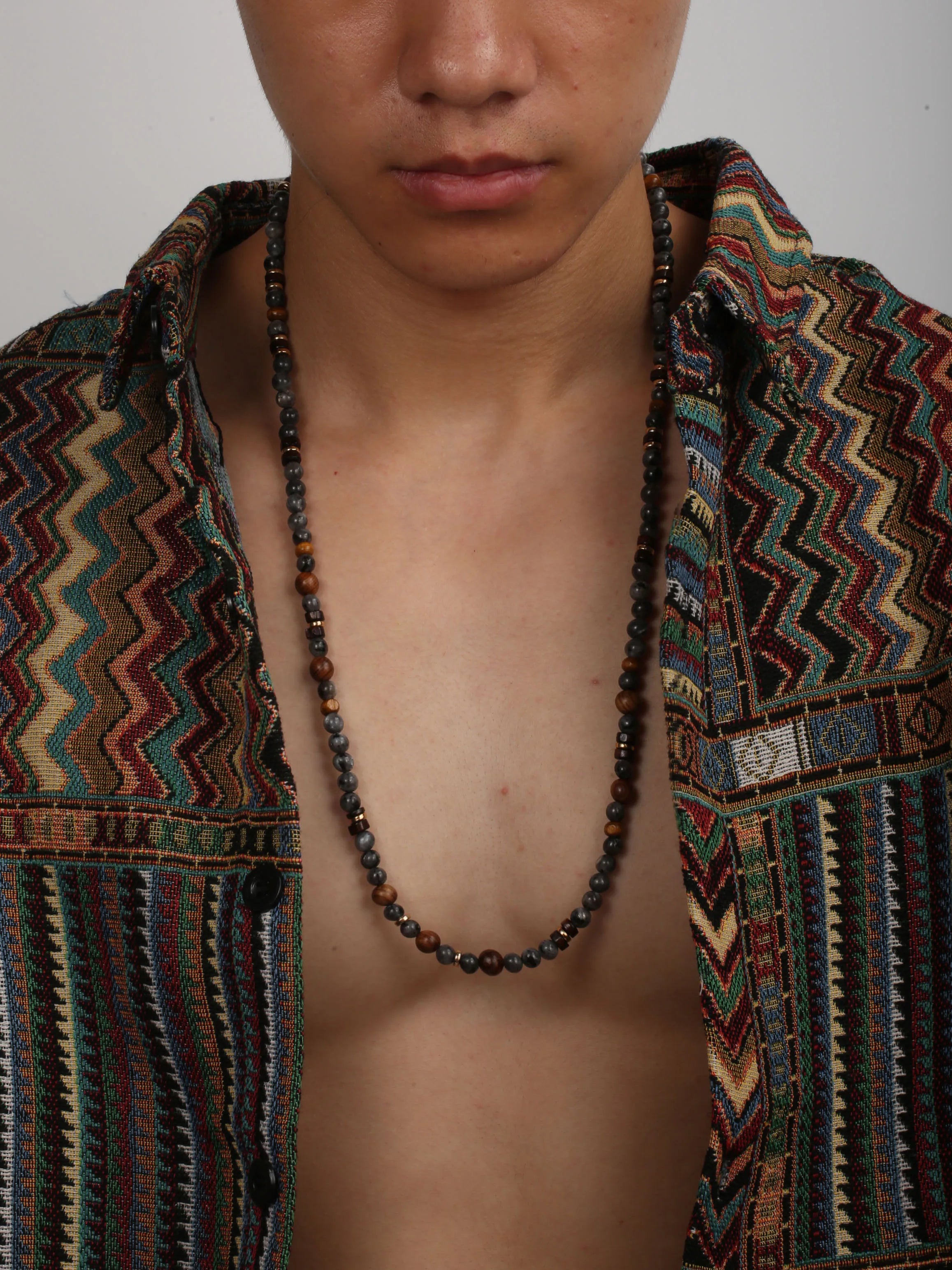 1PC INGX Man's Bohemia Natural Flash Stone Long Beaded Necklace for Men Tribal Boho Long Wooden Beads Necklace Men Jewelry - Charlie Dolly