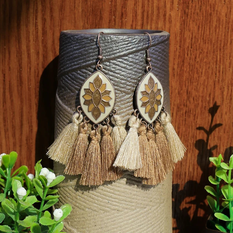 Wooden Bead Flower Leaf Long Tassel Earrings Jewelry