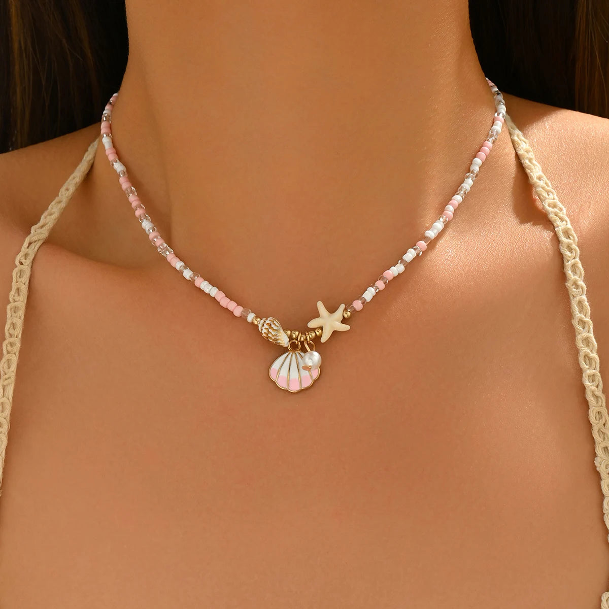 Pink Pearl and Shell Beaded Choker Necklace