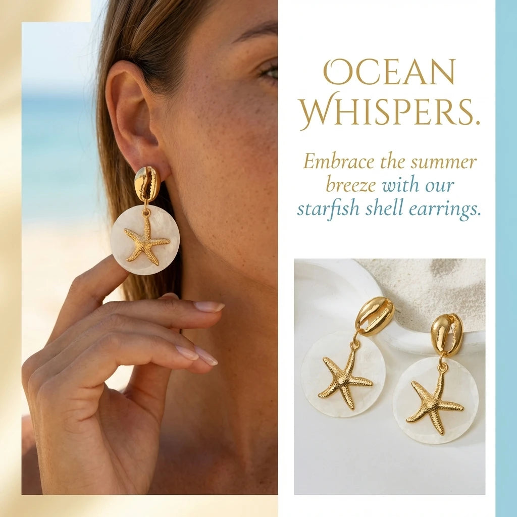 Tropical Cowrie Shell and Pearl Starfish Drop Earrings