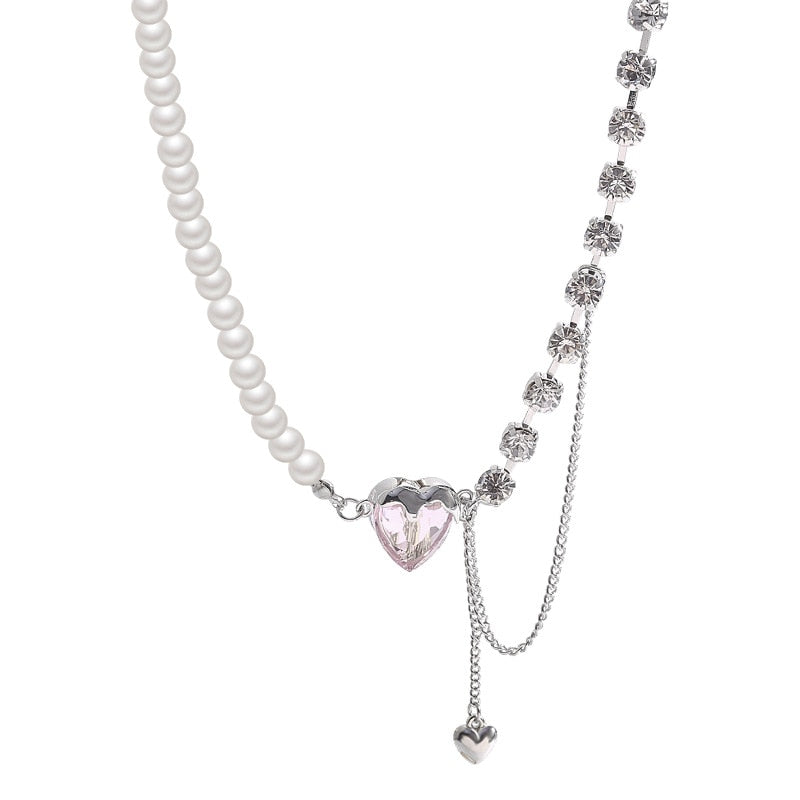 Women Titanium Steel Necklace Classic Pink Crystal Heart Jewelry