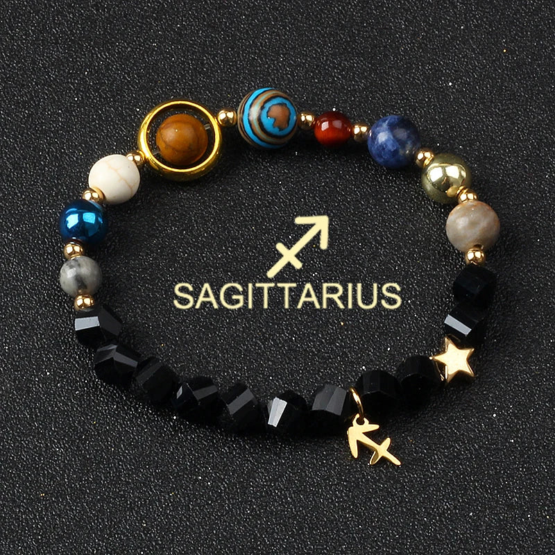 Eight Planets & Twelve Zodiac Beaded Bracelet, Natural Stone Cosmic Astrology Talisman