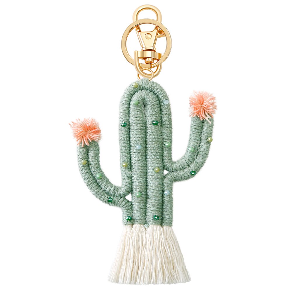 Handmade Weaving Green Plant Cactus Keychain Bohemia Backpack Pendant Key Ring Tassel Cotton Rope Car Hanging Key Holder Jewelry