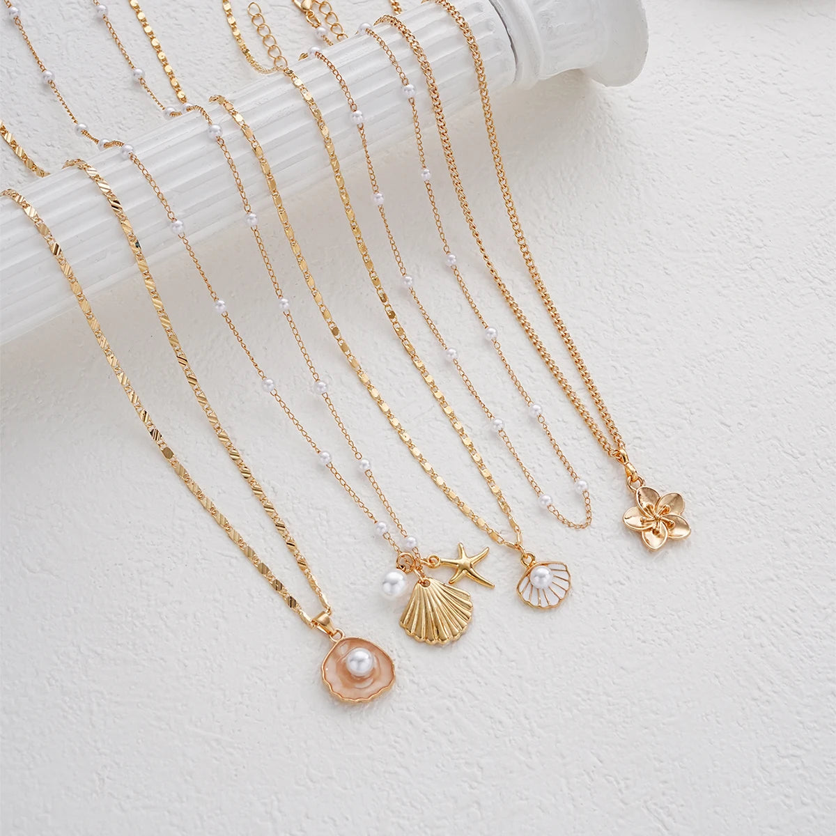 Starfish, Shell and Pearl Flower Boho Necklace Set (5 Pieces)
