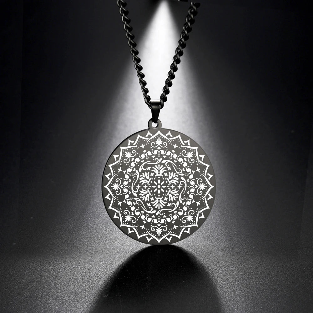 Lotus Chakra Mandala Pendant Necklace, Stainless Steel Buddhist Hindu Meditation Amulet