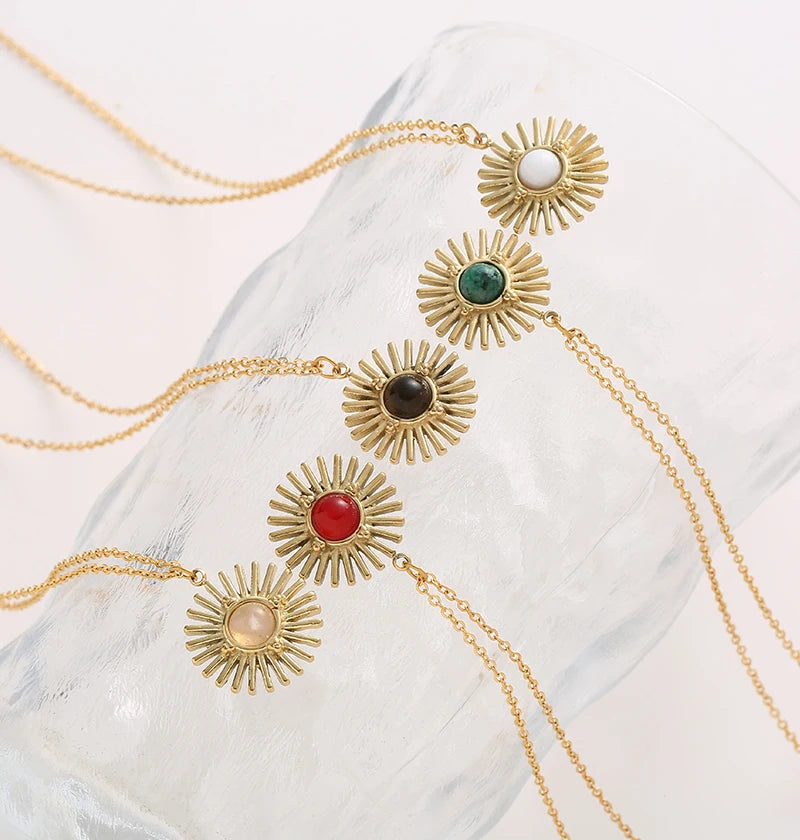 Boho Natural Stone Sun Flower Necklace for Women Bohemian Retro Stainless Steel Necklace Choker Necklaces Fashion Jewelry - Charlie Dolly