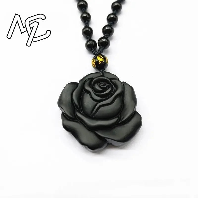 Natural Obsidian Rose Flower Pendant, Hand-Carved Lucky Amulet