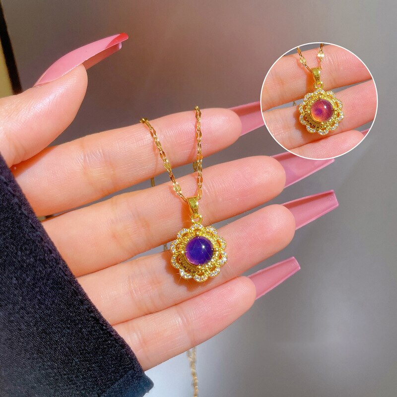 G&D Feeling Mood Sensitive Color Changing Sun Flower Pendant Necklace Gold Color Stainless Steel Necklaces Gift Jewelry