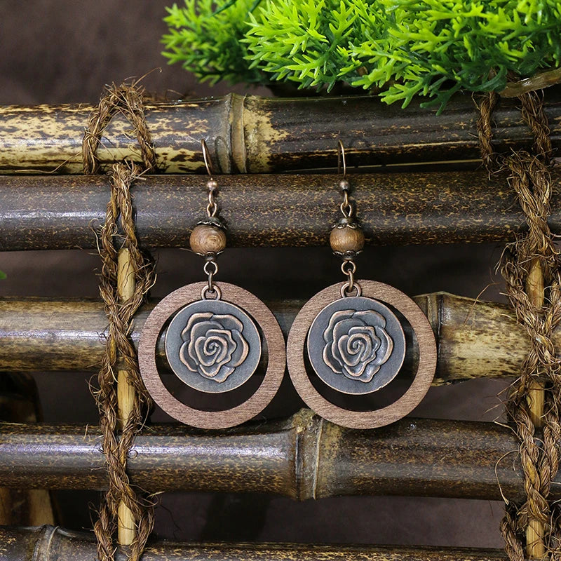 Wooden Bead Flower Leaf Long Tassel Earrings Jewelry