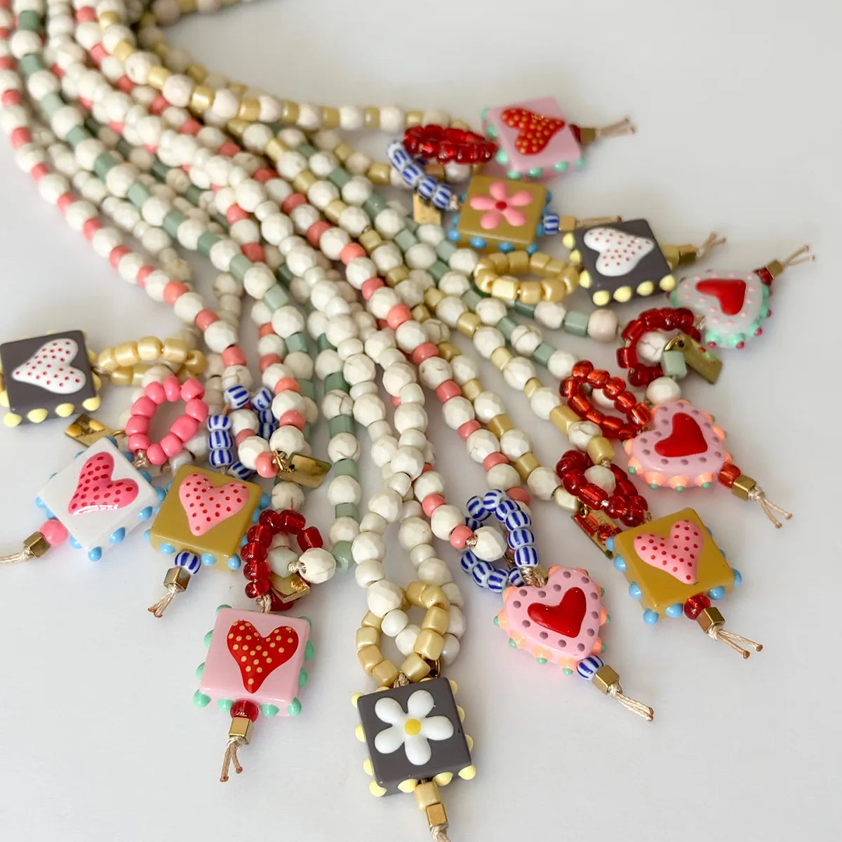 French White Turquoise and Heart Glass Pendant Sweater Chain